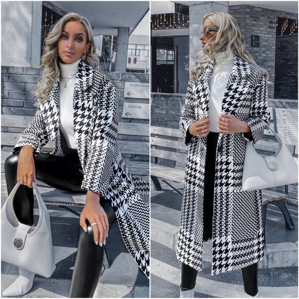 black white houndstooth long trench pea coat jacke